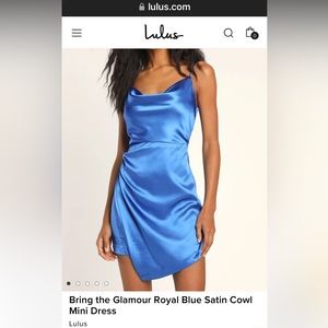 The Bring the Glamour Royal Blue Satin Cowl Mini Dress
